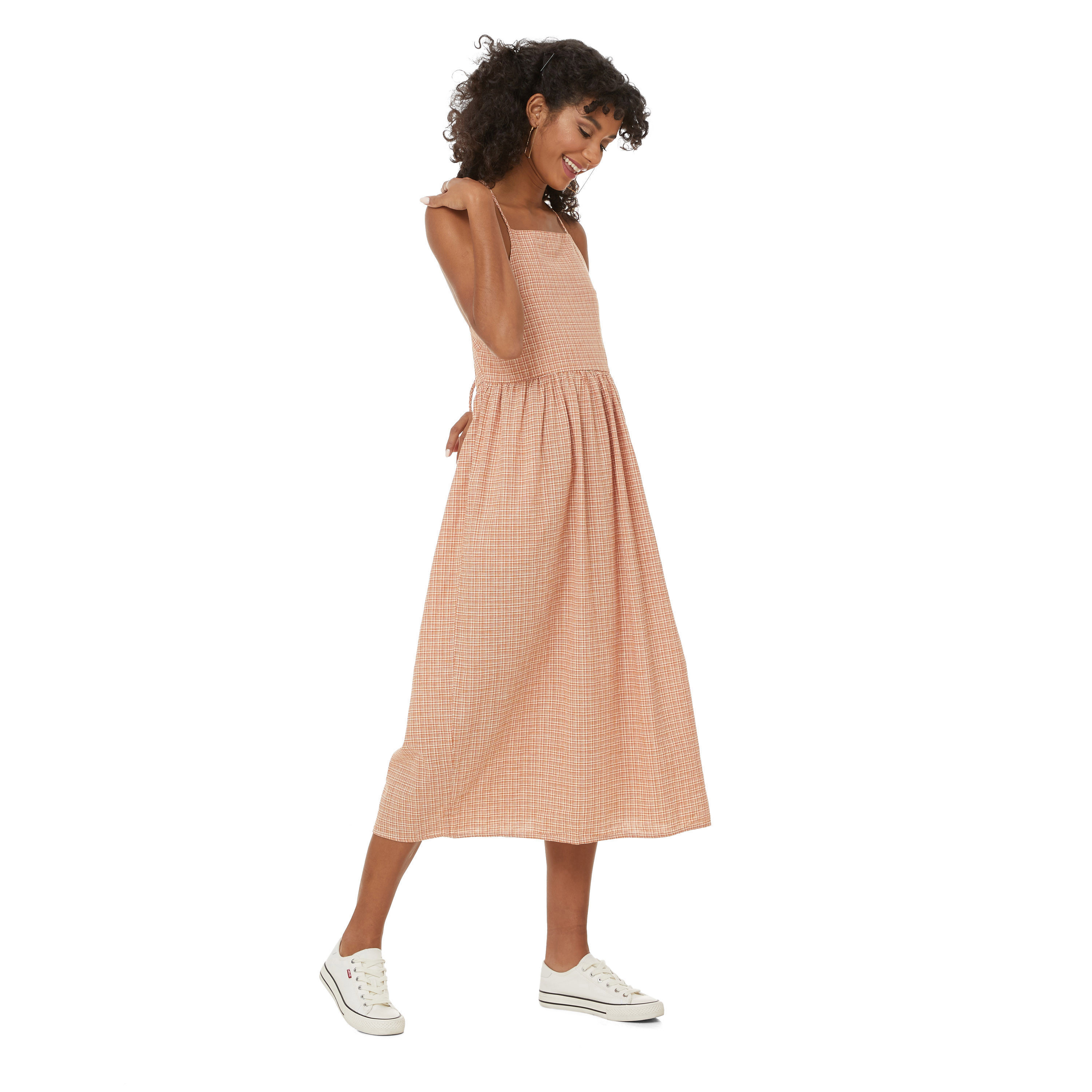 Levi's Women Beige Checked Shoulder Strap Midi Dress with Back Tie Up-women-clothing-dresses-image-3
