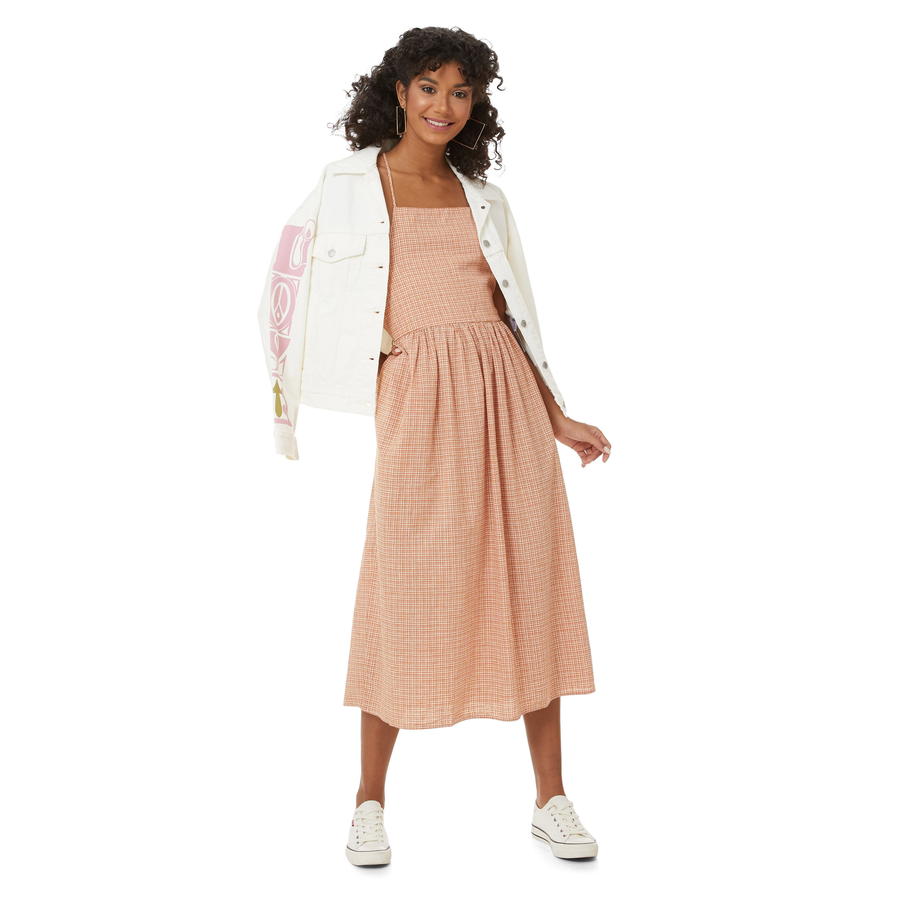 Levi's Women Beige Checked Shoulder Strap Midi Dress with Back Tie Up-women-clothing-dresses-image-5