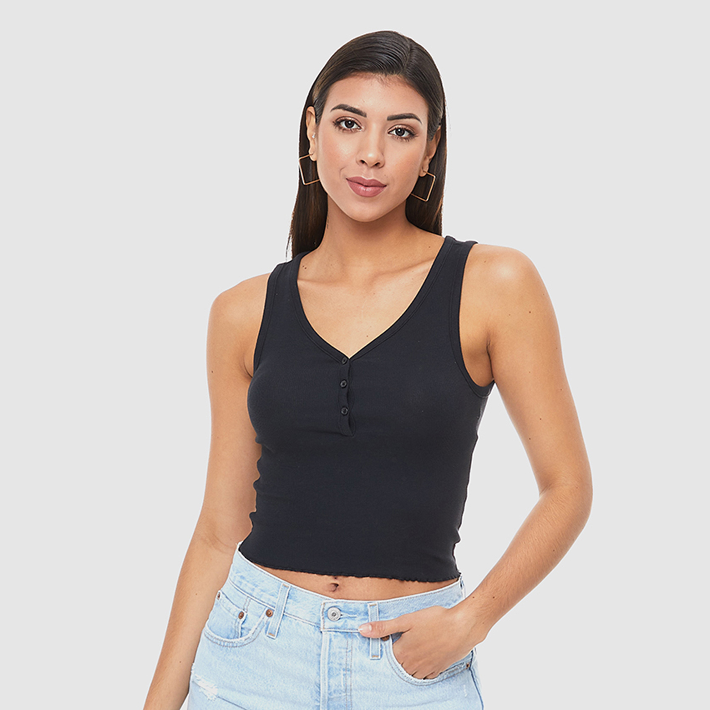 Levi's Women Black Plain V-Neck Sleeveless Tank Top-women-clothing-tshirts-image-1