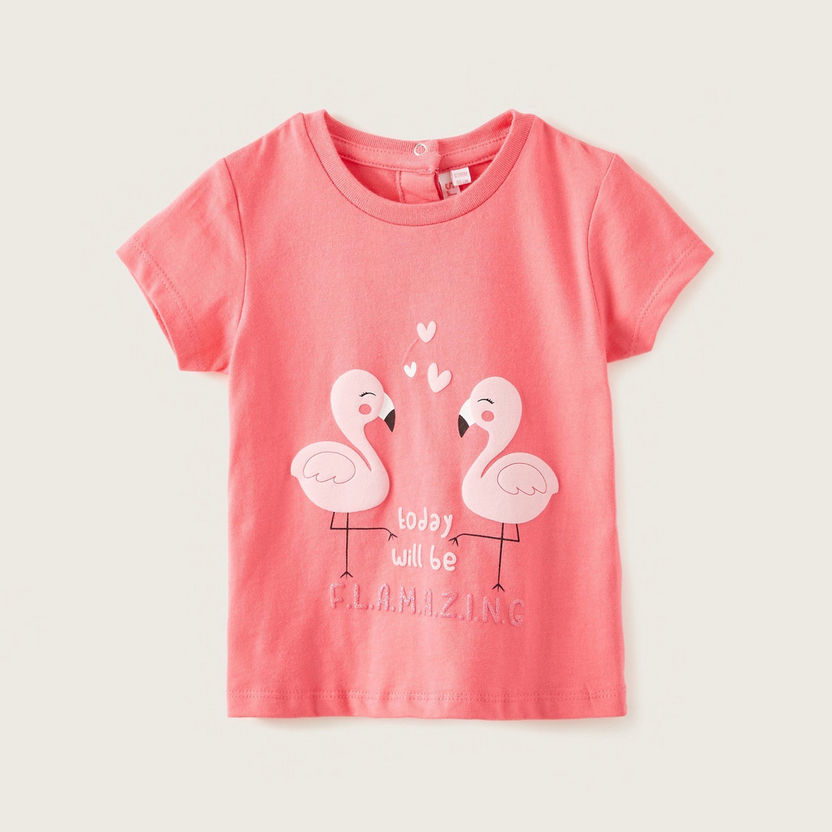 Juniors Flamingo Print T-shirt with Round Neck and Short Sleeves-Shirts-image-0
