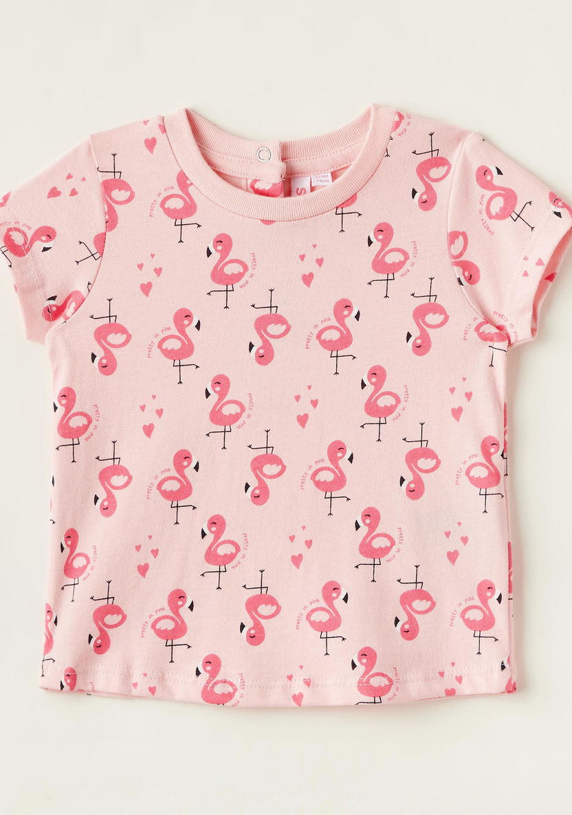Juniors Flamingo Print Round Neck T-shirt with Short Sleeves-T Shirts-image-0