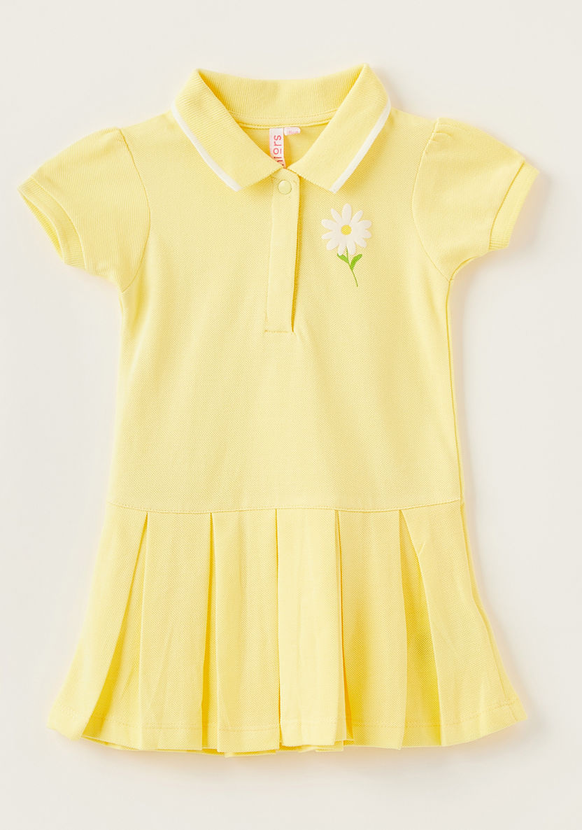 Juniors Floral Embroidered Polo Dress with Short Sleeves-Dresses%2C Gowns and Frocks-image-0