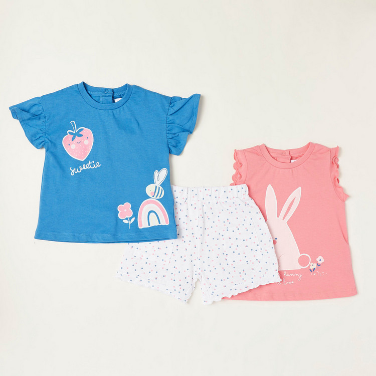 Juniors Printed 3-Piece Round Neck T-shirt and Shorts Set