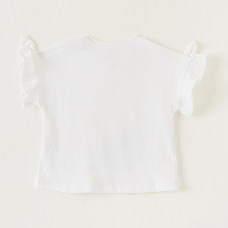 Juniors Printed Round Neck T-shirt with Ruffles and Bow Accent