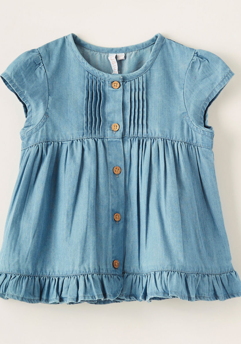Juniors Textured Denim Top with Round Neck and Cap Sleeves-Blouses-image-0