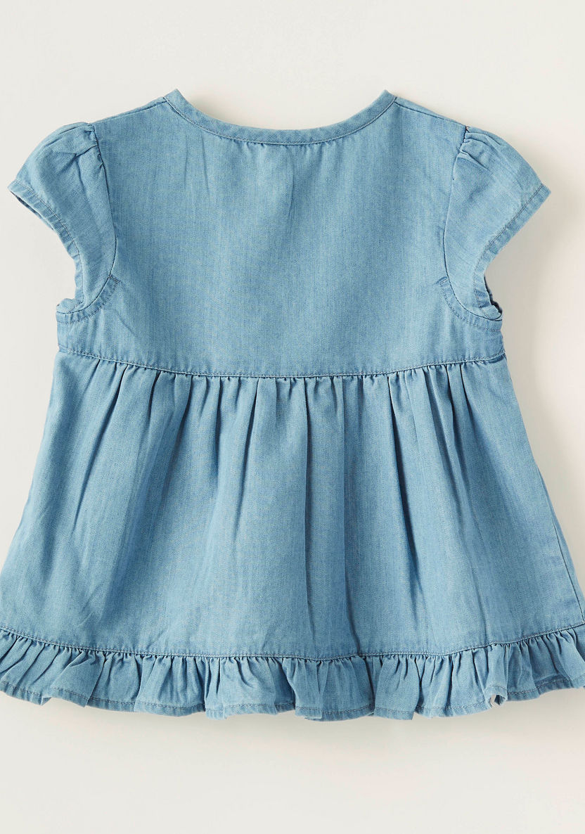 Juniors Textured Denim Top with Round Neck and Cap Sleeves-Blouses-image-3