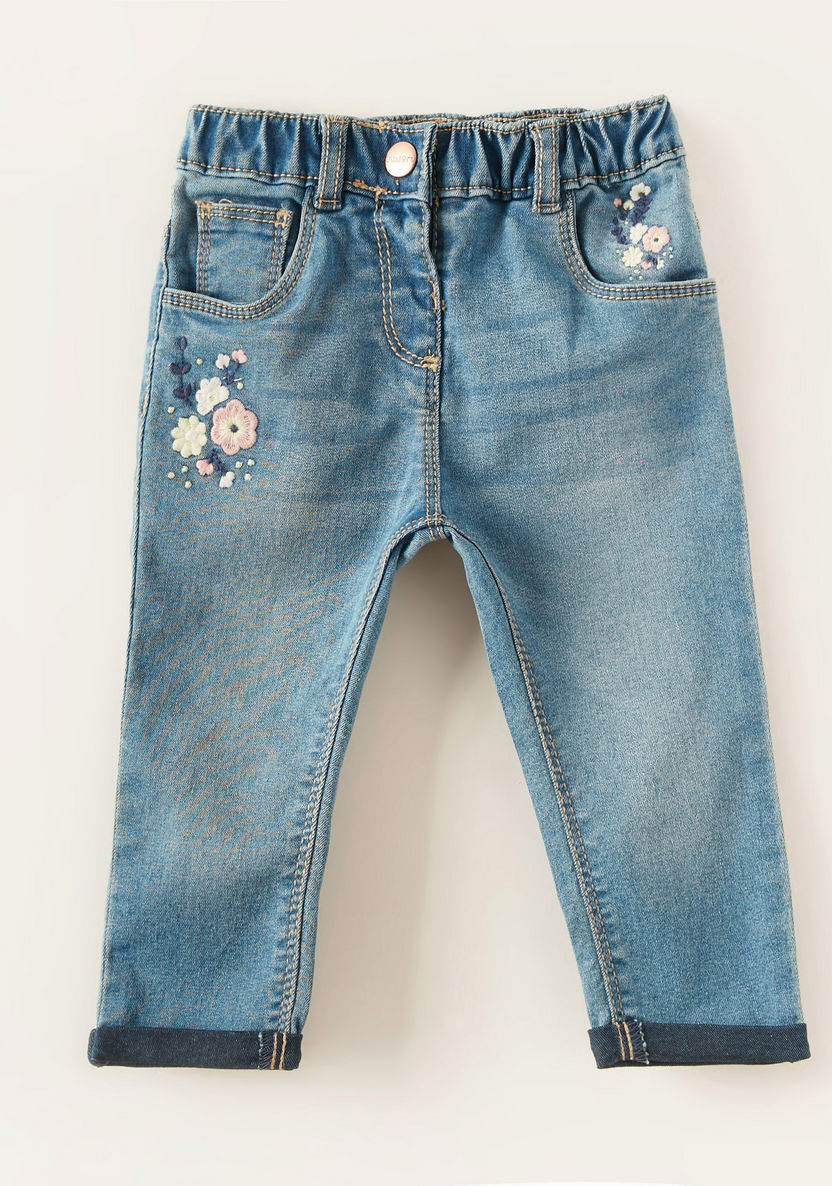 Juniors Floral Embroidered Jeans with Elasticised Waistband-Jeans-image-0
