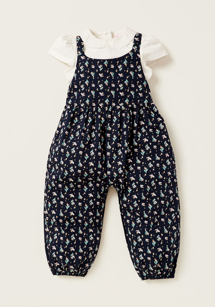 Juniors Floral Print Dungaree and Collared Top Set-Clothes Sets-image-0