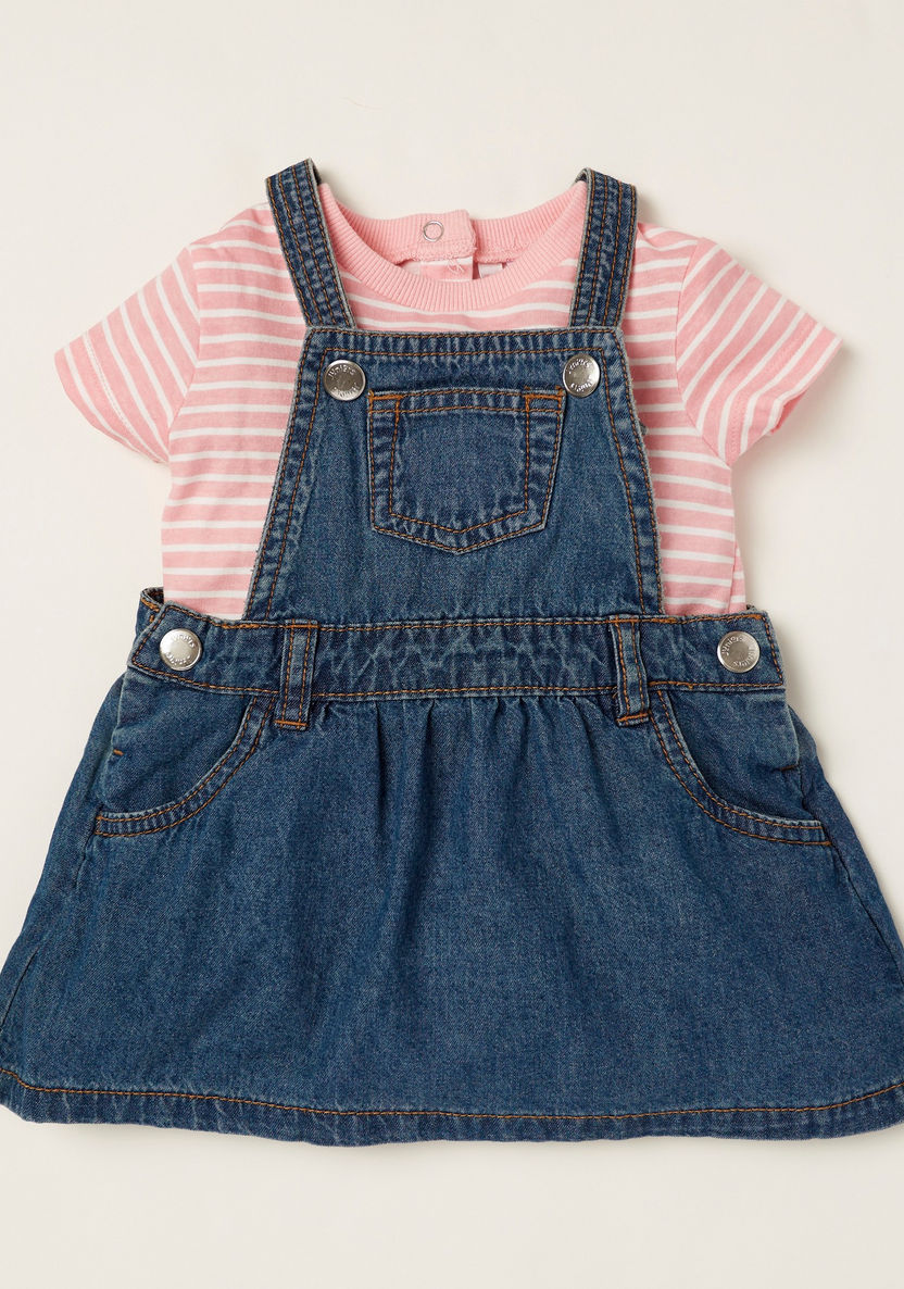 Juniors Striped Short Sleeves T-shirt with Textured Pinafore Set-Clothes Sets-image-0