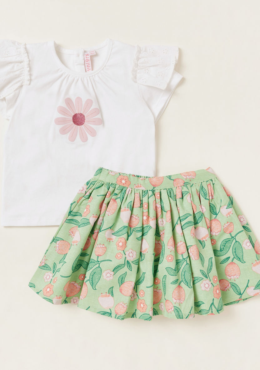 Juniors Floral Print Round Neck T-shirt and Skirt Set-Clothes Sets-image-0