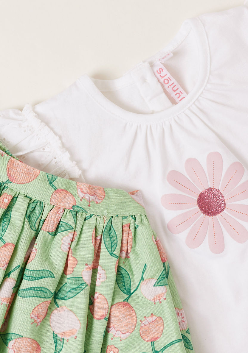 Juniors Floral Print Round Neck T-shirt and Skirt Set-Clothes Sets-image-2