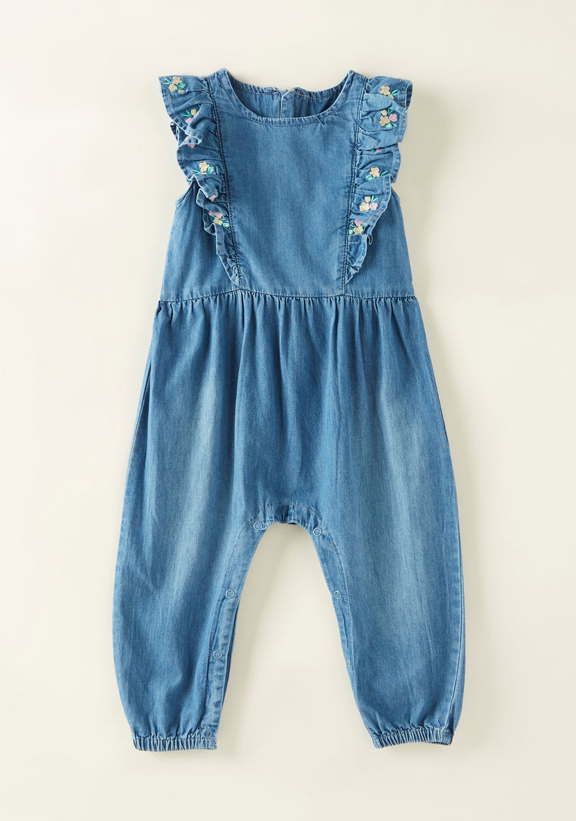 Juniors Floral Embroidered Romper with Round Neck and Cap Sleeves-Rompers%2C Dungarees and Jumpsuits-image-0