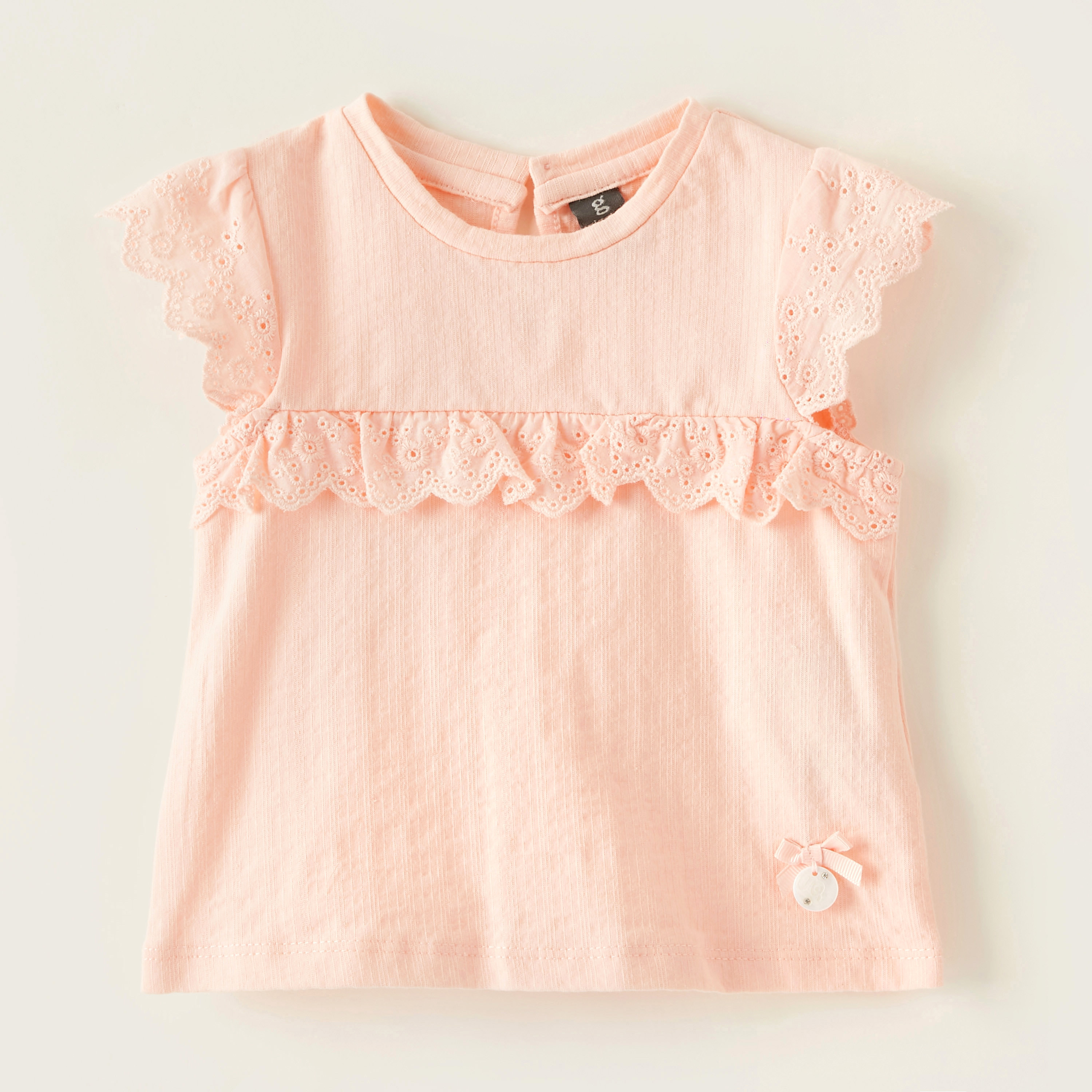 Giggles Schiffli Detail T-shirt with Round Neck and Cap Sleeves-baby-girls-clothing-tshirts-image-1