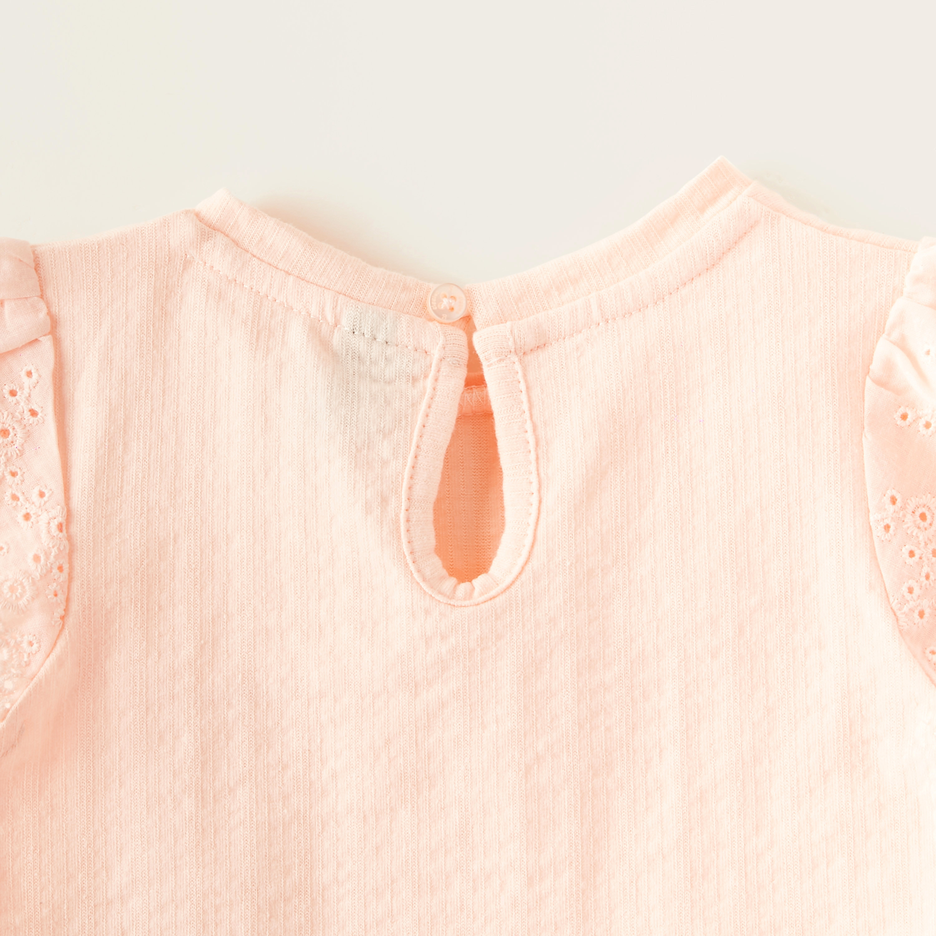 Giggles Schiffli Detail T-shirt with Round Neck and Cap Sleeves-baby-girls-clothing-tshirts-image-3