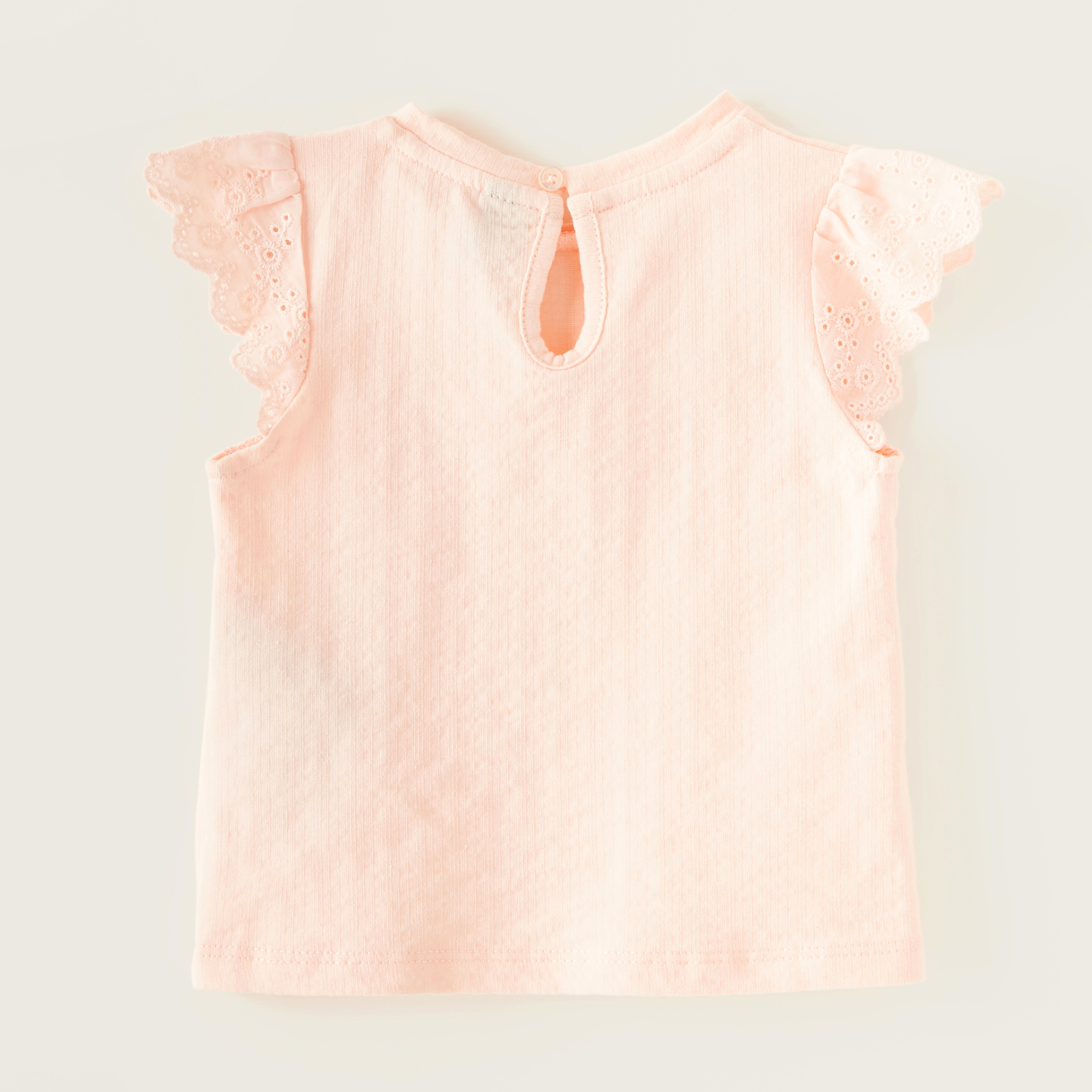 Giggles Schiffli Detail T-shirt with Round Neck and Cap Sleeves-baby-girls-clothing-tshirts-image-4