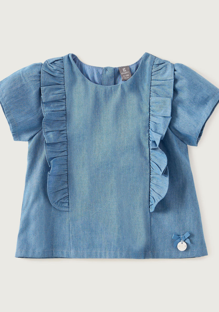 Giggles Chambray Frilled Blouse with Short Sleeves and Round Neck-Blouses-image-0