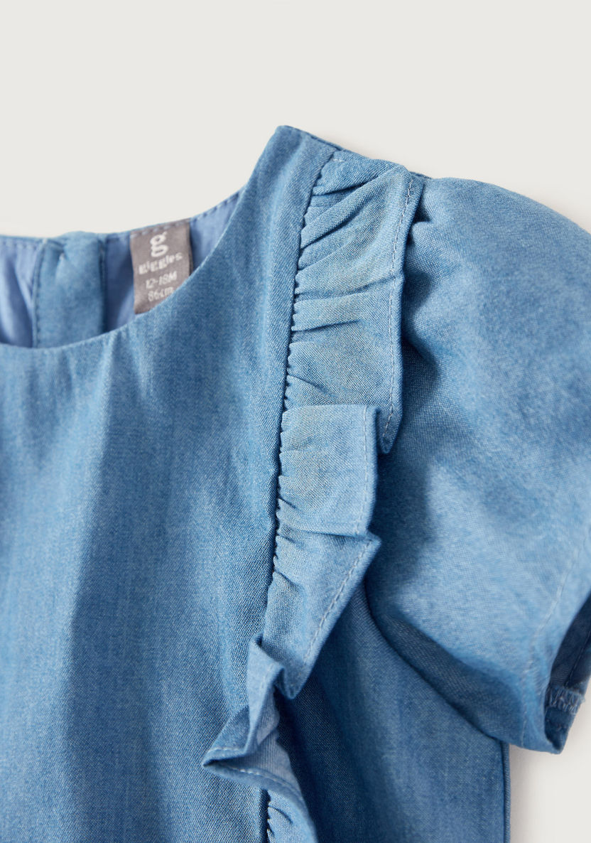 Giggles Chambray Frilled Blouse with Short Sleeves and Round Neck-Blouses-image-1