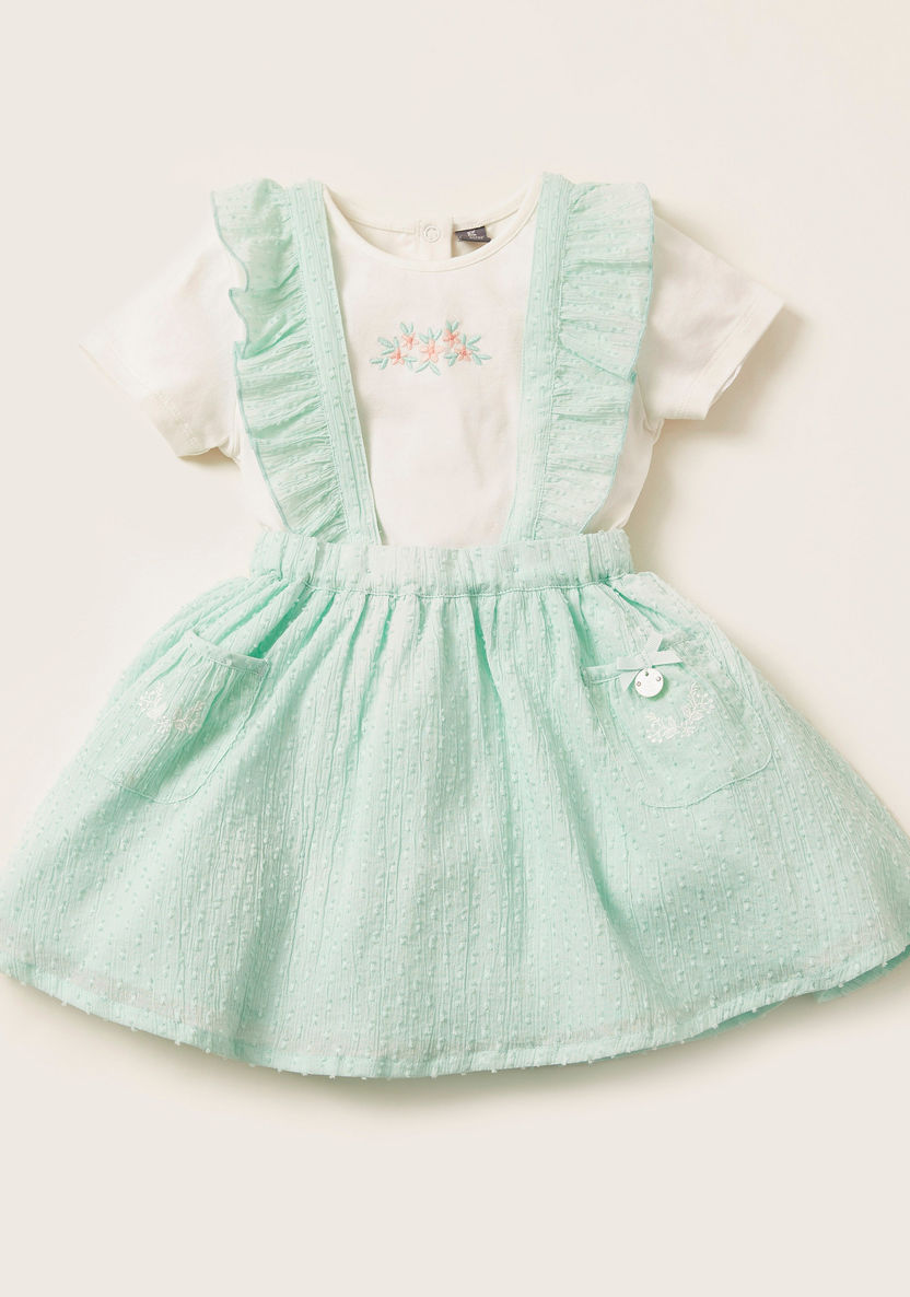 Giggles Embroidered T-shirt and Textured Pinafore Set-Clothes Sets-image-0