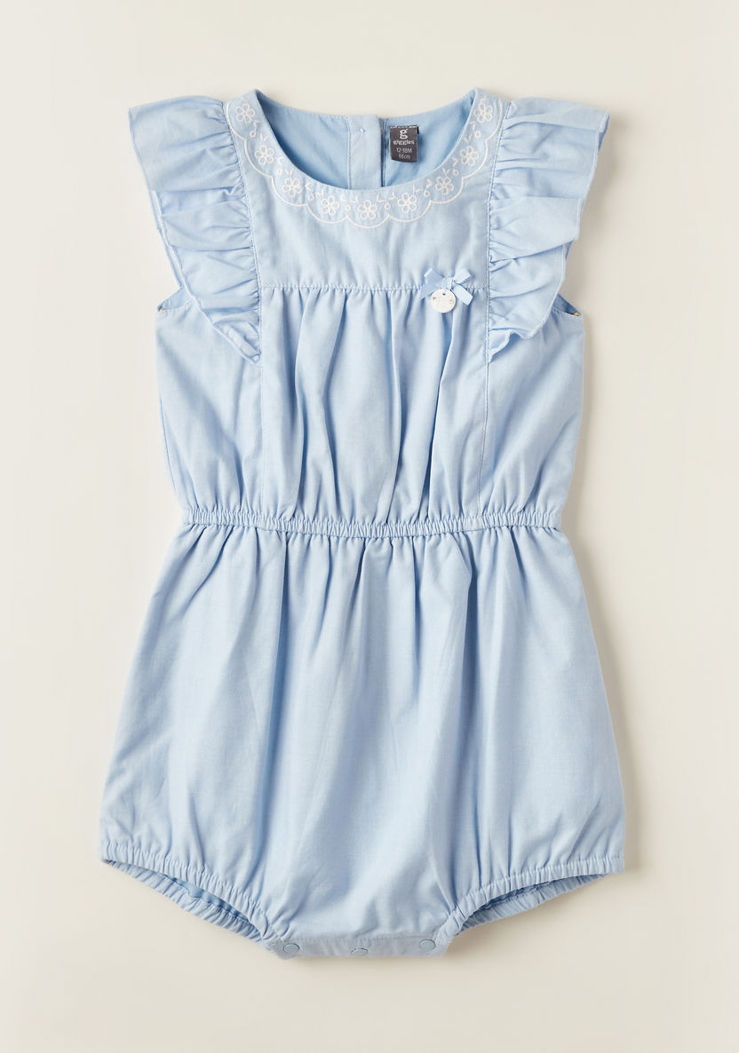 Giggles Embroidered Romper with Ruffle Detail and Button Closure-Rompers%2C Dungarees and Jumpsuits-image-0
