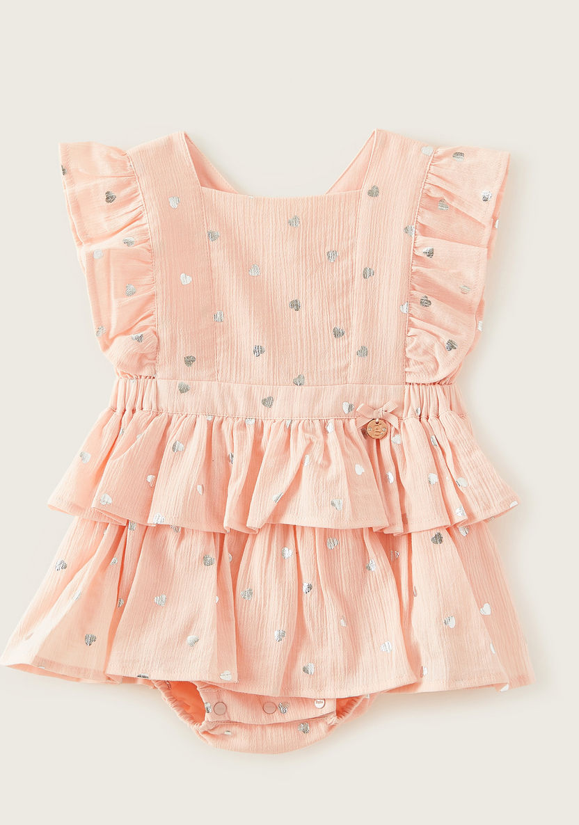 Giggles Foil Print Sleeveless Romper with Ruffle Detail-Rompers%2C Dungarees and Jumpsuits-image-0