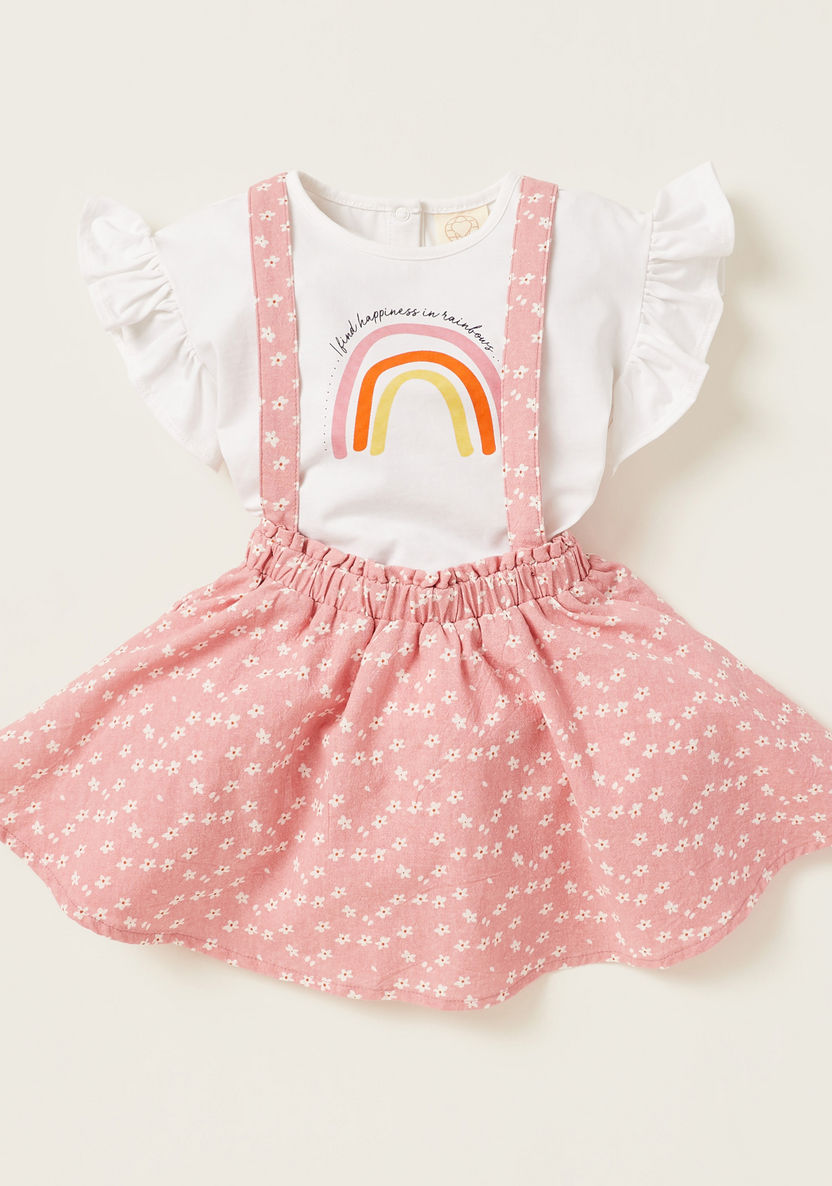 Rainbow Print T-shirt and Star Print Skirt with Suspenders Set-Clothes Sets-image-0