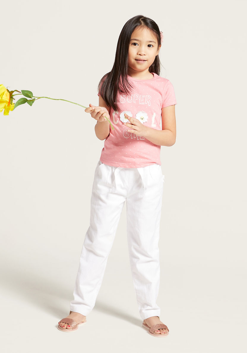 Juniors Graphic Print T-shirt with Round Neck and Flower Detail-T Shirts-image-0