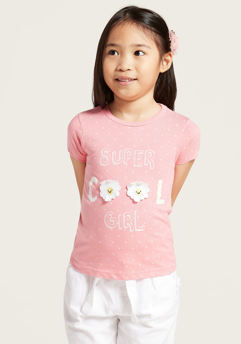Juniors Graphic Print T-shirt with Round Neck and Flower Detail-T Shirts-image-1