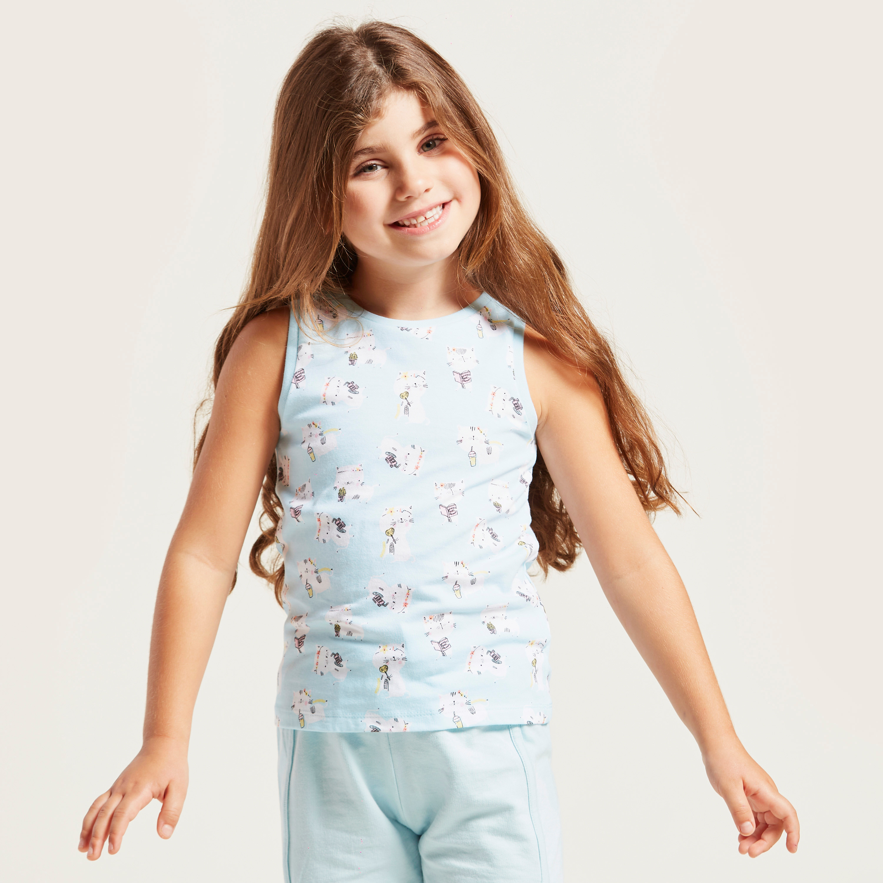 Juniors Sleeveless Graphic Print T-shirt with Round Neck-girls-clothing-schoolwear-tshirts-image-1