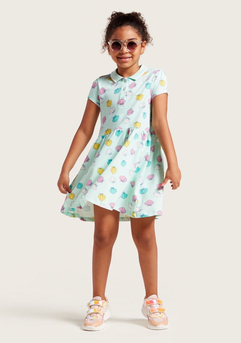 Juniors Sea Shell Print Polo Dress with Short Sleeves-Dresses%2C Gowns and Frocks-image-0