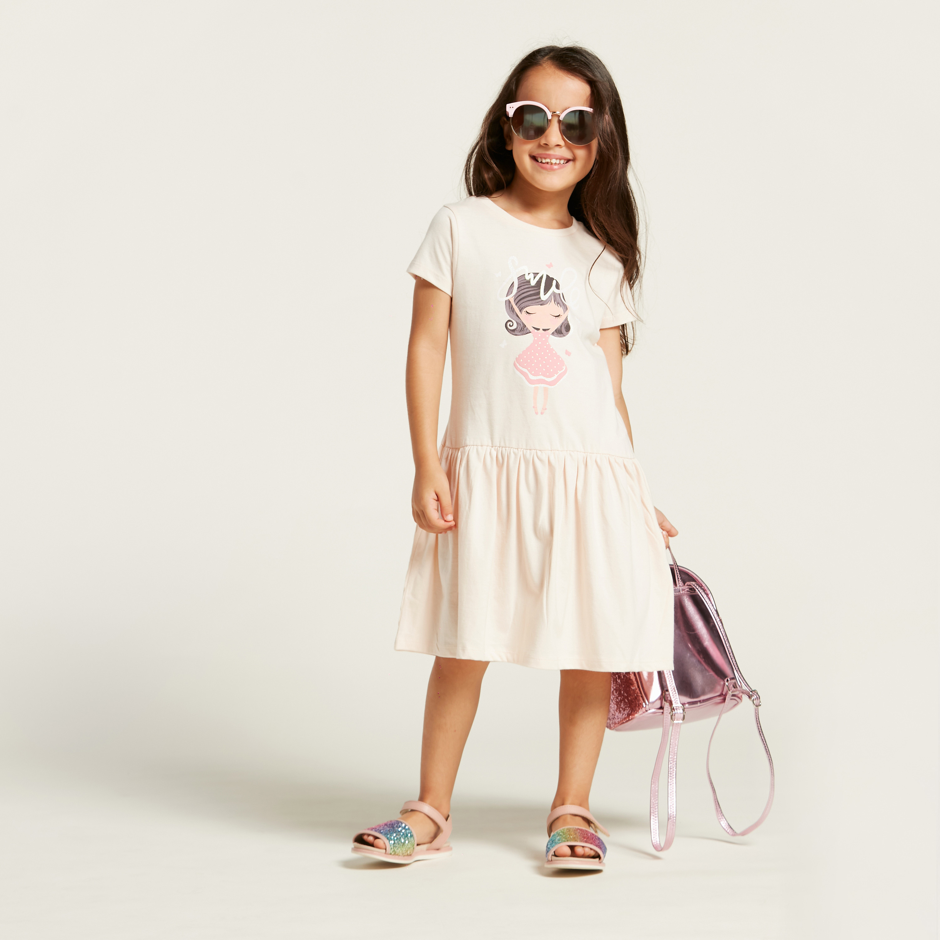 Juniors Graphic Print Dress with Round Neck and Short Sleeves-girls-clothing-dressesandjumpsuits-image-1