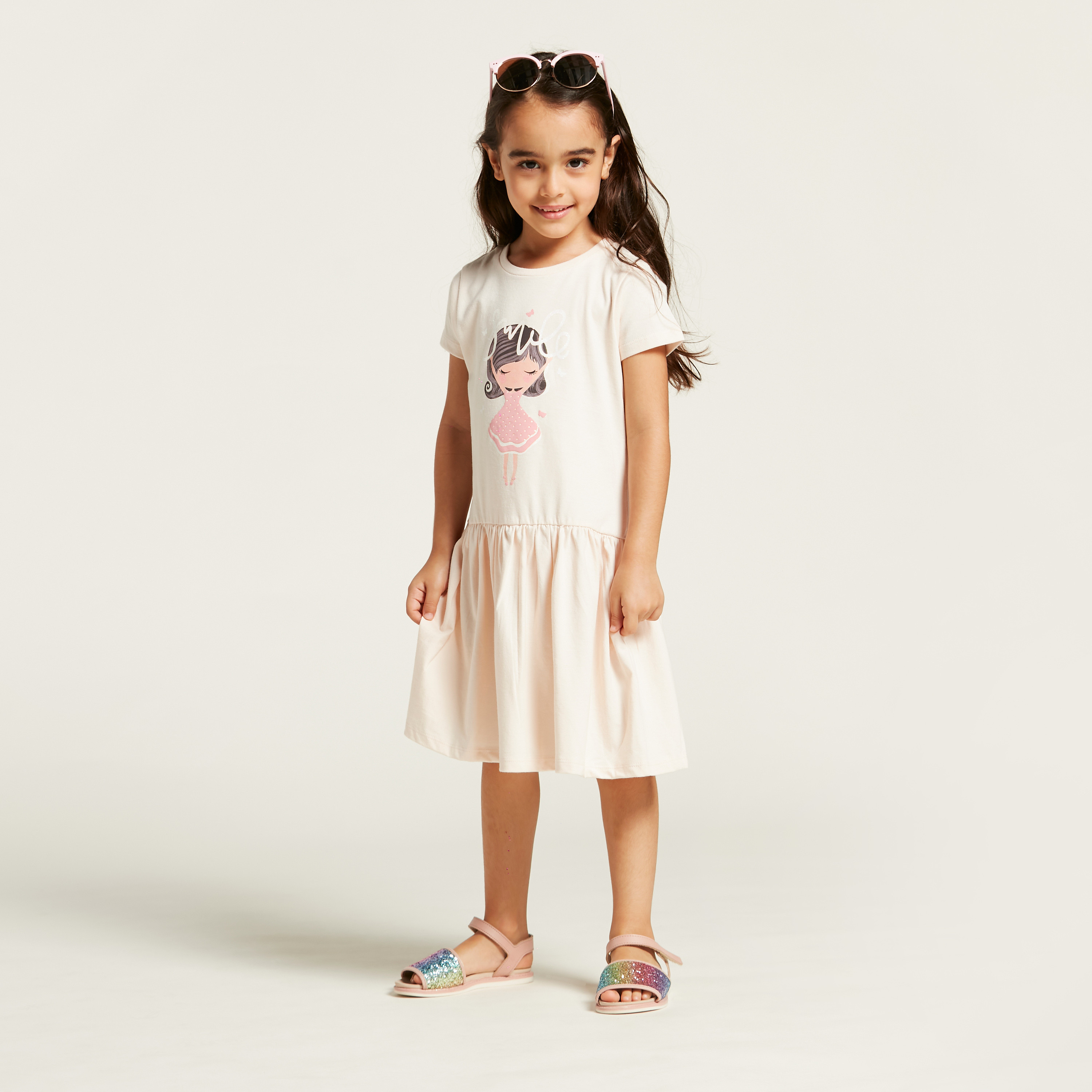 Juniors Graphic Print Dress with Round Neck and Short Sleeves-girls-clothing-dressesandjumpsuits-image-2