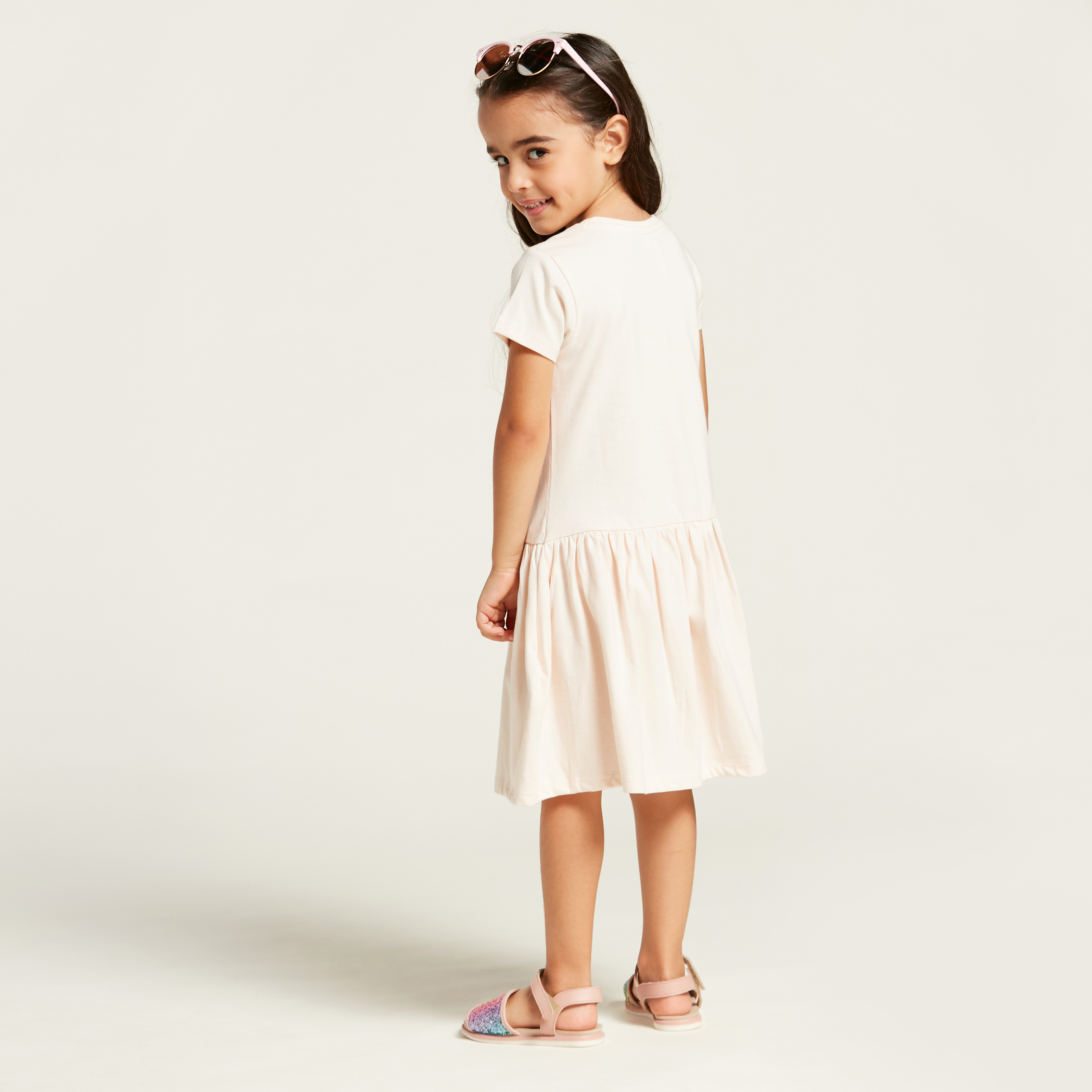 Juniors Graphic Print Dress with Round Neck and Short Sleeves-girls-clothing-dressesandjumpsuits-image-4