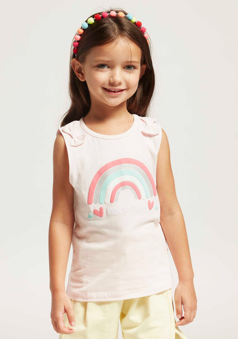 Juniors Rainbow Print Sleeveless T-shirt with Bow Applique-T Shirts-image-1