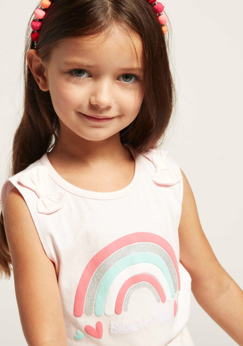 Juniors Rainbow Print Sleeveless T-shirt with Bow Applique-T Shirts-image-2