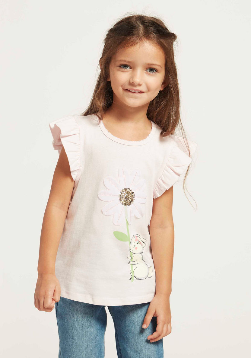Juniors Graphic Print T-shirt with Floral Applique-T Shirts-image-1