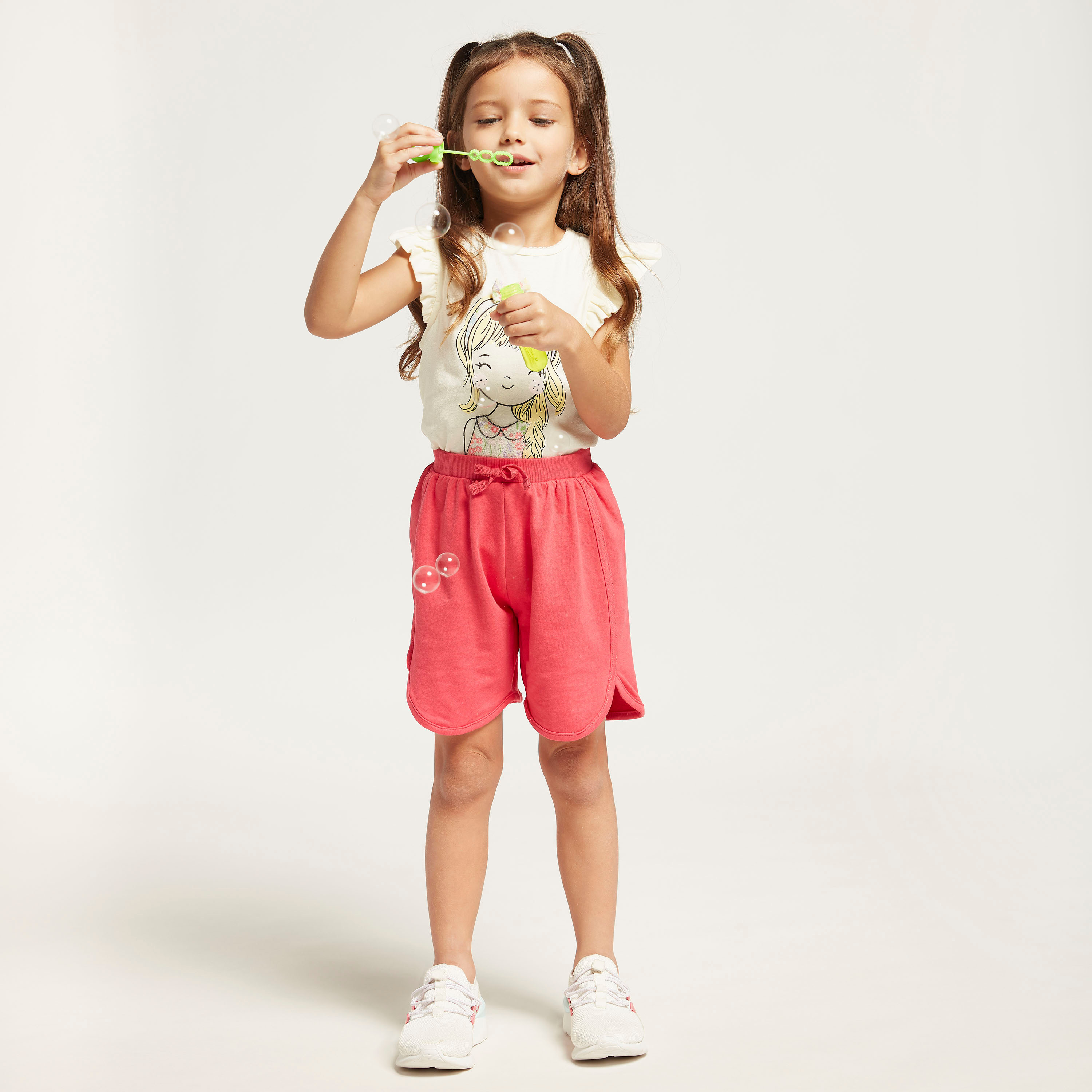 Juniors Graphic Print T-shirt with Bow Applique and Cap Sleeves-girls-clothing-schoolwear-tshirts-image-1