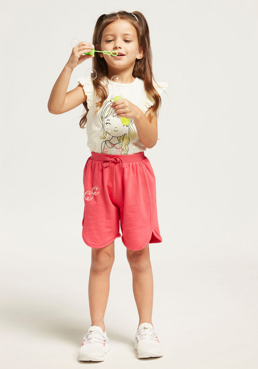 Juniors Graphic Print T-shirt with Bow Applique and Cap Sleeves-T Shirts-image-0