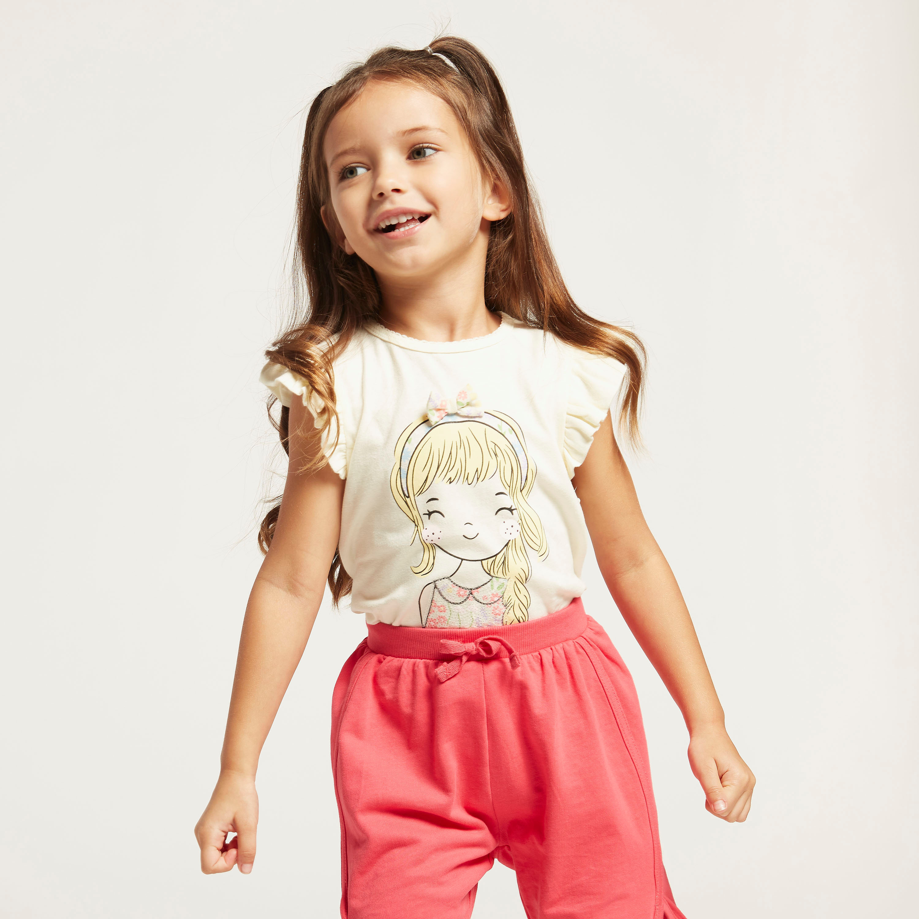 Juniors Graphic Print T-shirt with Bow Applique and Cap Sleeves-girls-clothing-schoolwear-tshirts-image-2