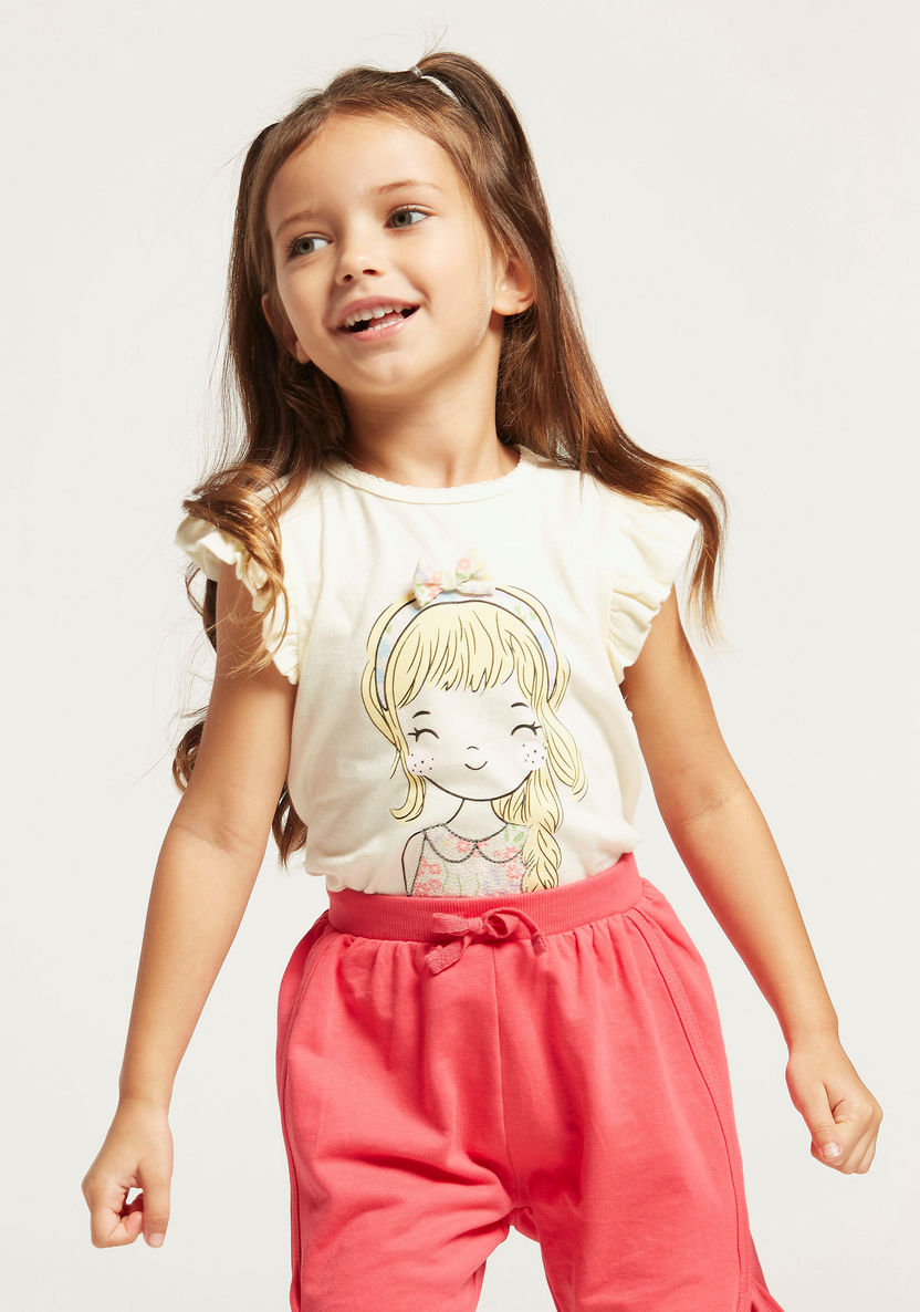 Juniors Graphic Print T-shirt with Bow Applique and Cap Sleeves-T Shirts-image-1