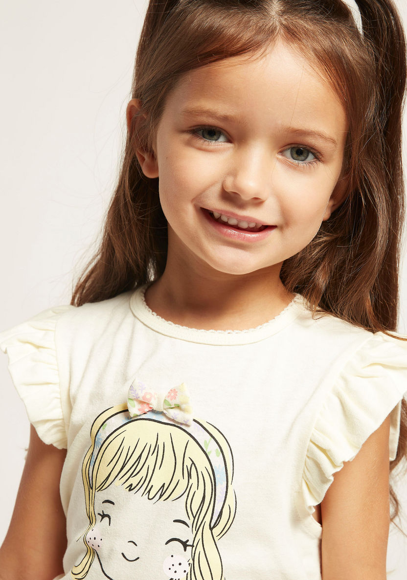 Juniors Graphic Print T-shirt with Bow Applique and Cap Sleeves-T Shirts-image-2