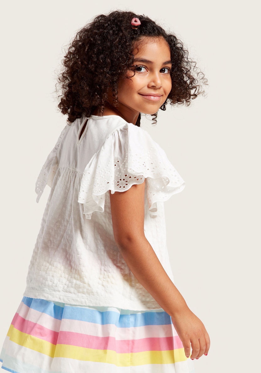 Juniors Schiffli Detail Top with Round Neck and Cap Sleeves-Blouses-image-3