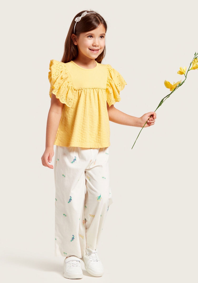 Juniors Textured Top with Round Neck and Schiffli Frill Sleeves-Blouses-image-0