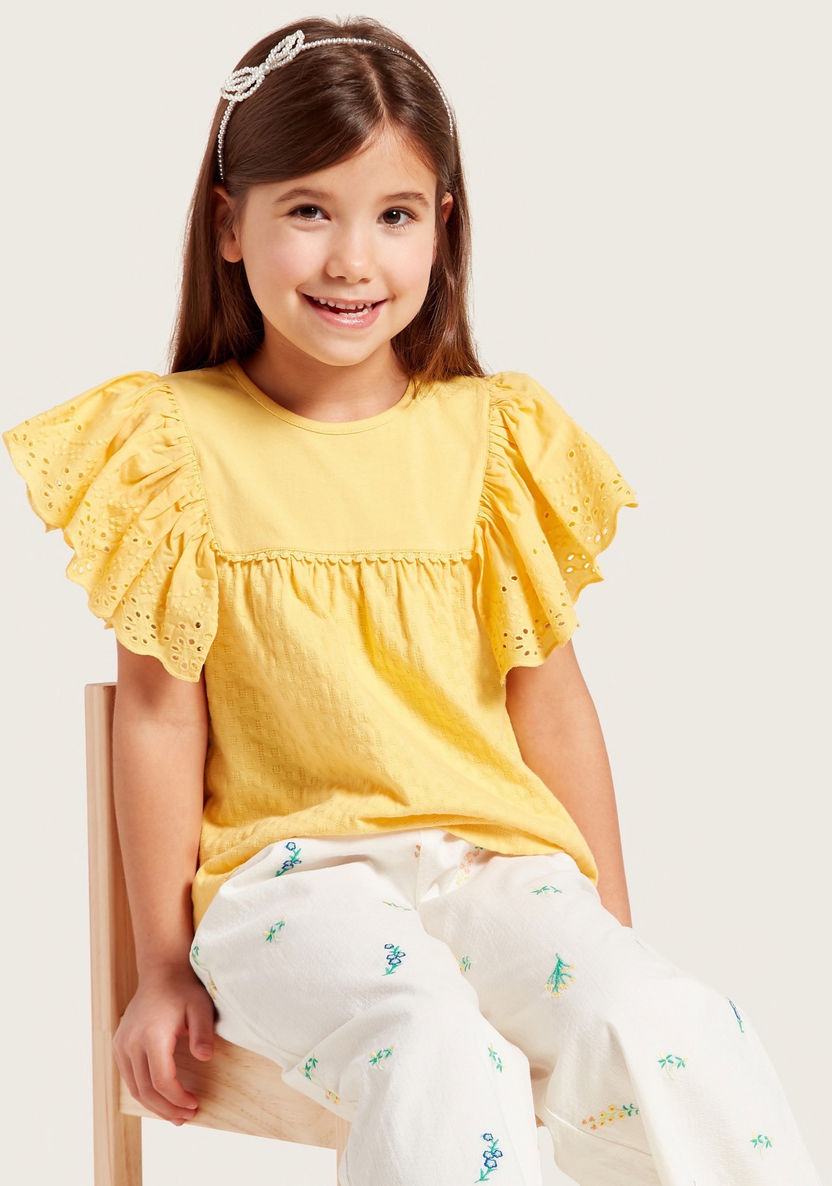 Juniors Textured Top with Round Neck and Schiffli Frill Sleeves-Blouses-image-1