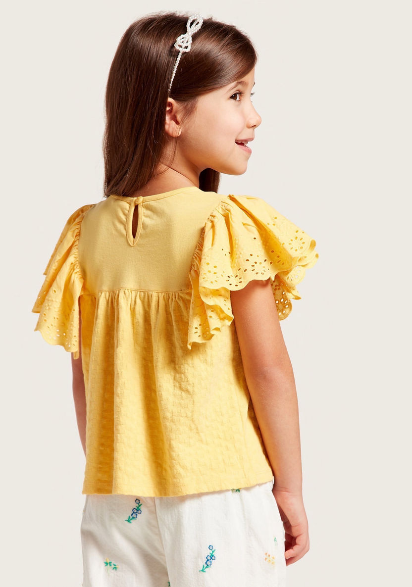 Juniors Textured Top with Round Neck and Schiffli Frill Sleeves-Blouses-image-2