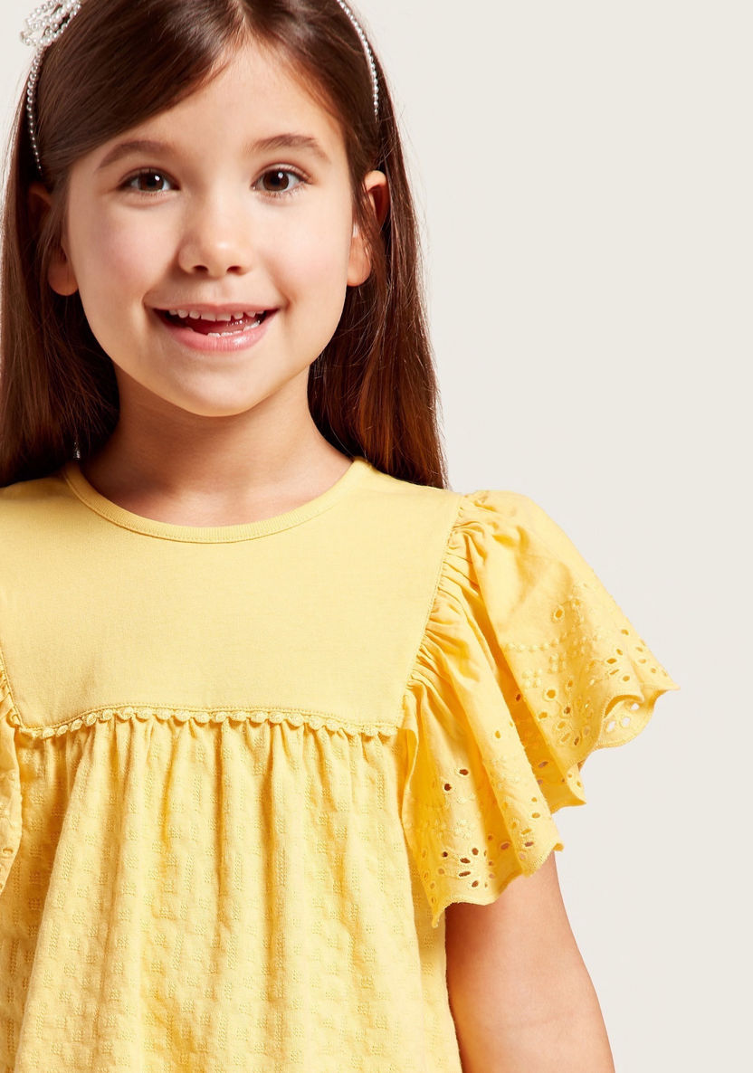 Juniors Textured Top with Round Neck and Schiffli Frill Sleeves-Blouses-image-3