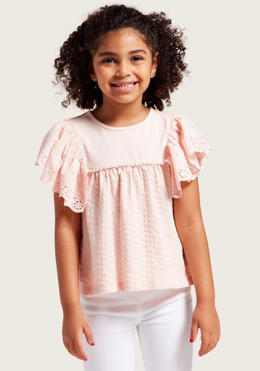 Juniors Schiffli Detail Top with Round Neck and Frill Sleeves-Blouses-image-1