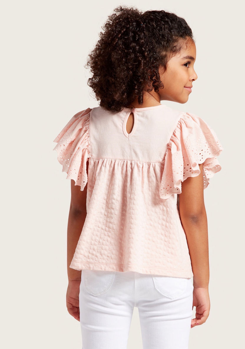 Juniors Schiffli Detail Top with Round Neck and Frill Sleeves-Blouses-image-3