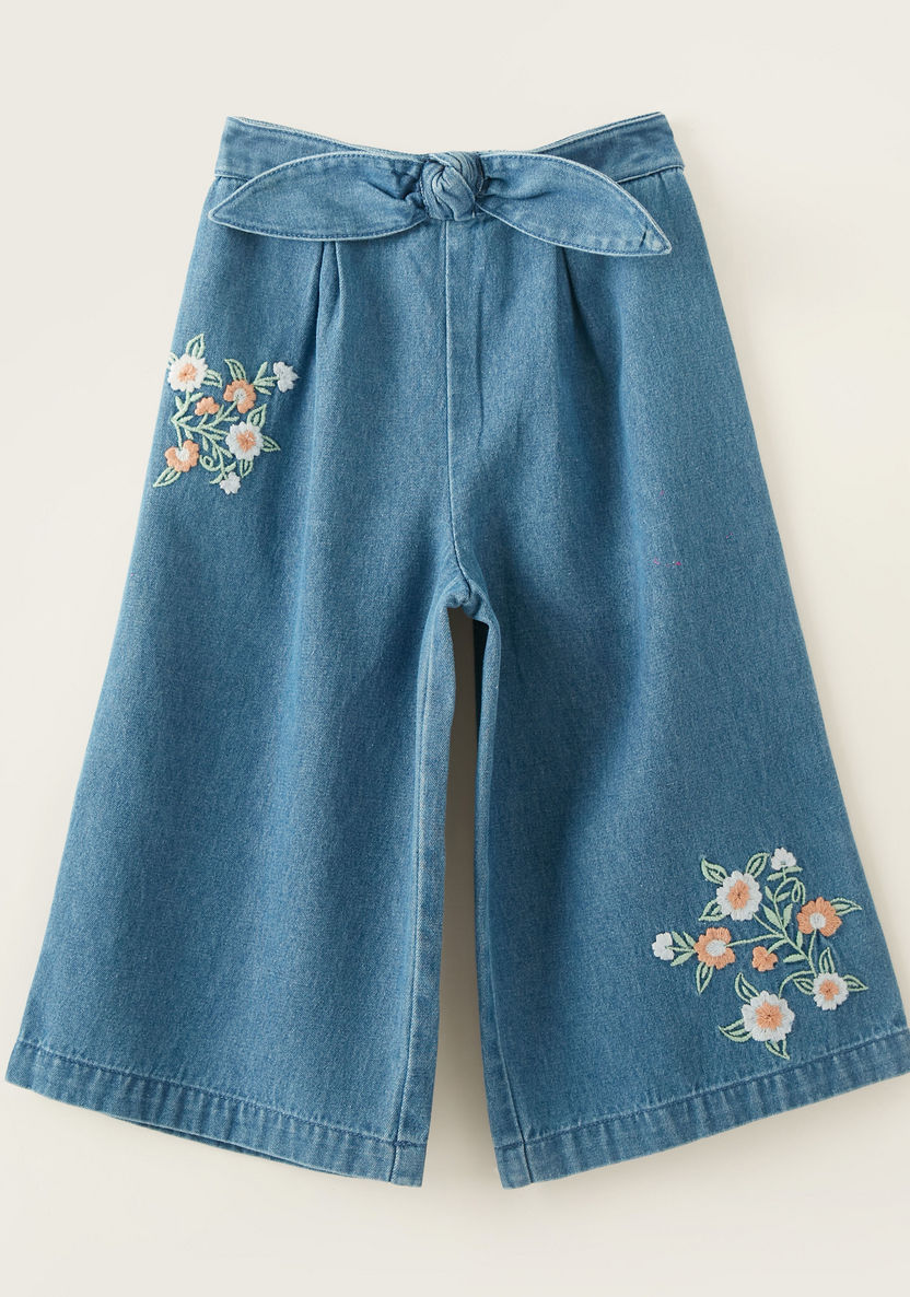 Juniors Floral Embroidered Pants with Knot Detail-Pants-image-0