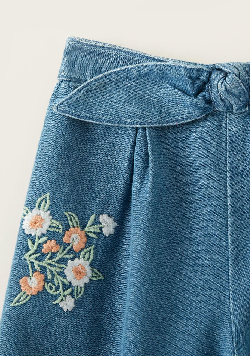 Juniors Floral Embroidered Pants with Knot Detail-Pants-image-1