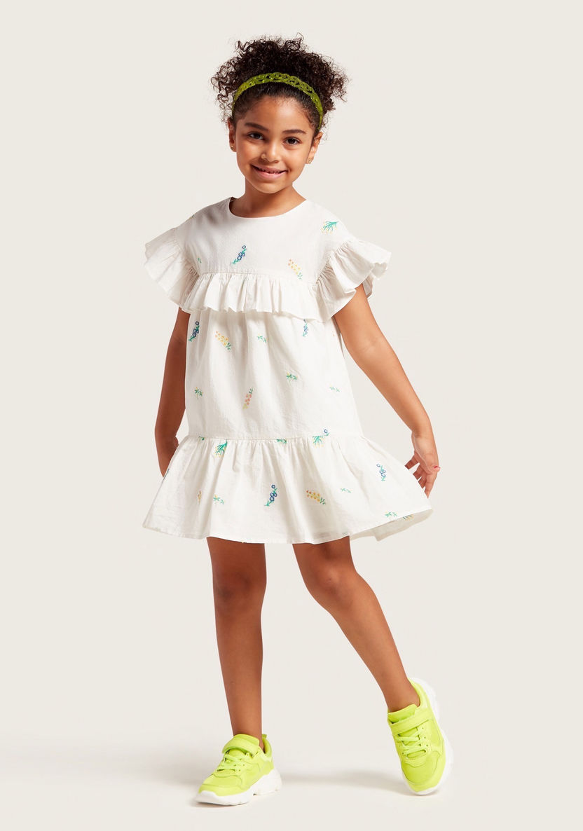 Juniors Embroidered Dress with Round Neck and Ruffled Cap Sleeves-Dresses%2C Gowns and Frocks-image-0